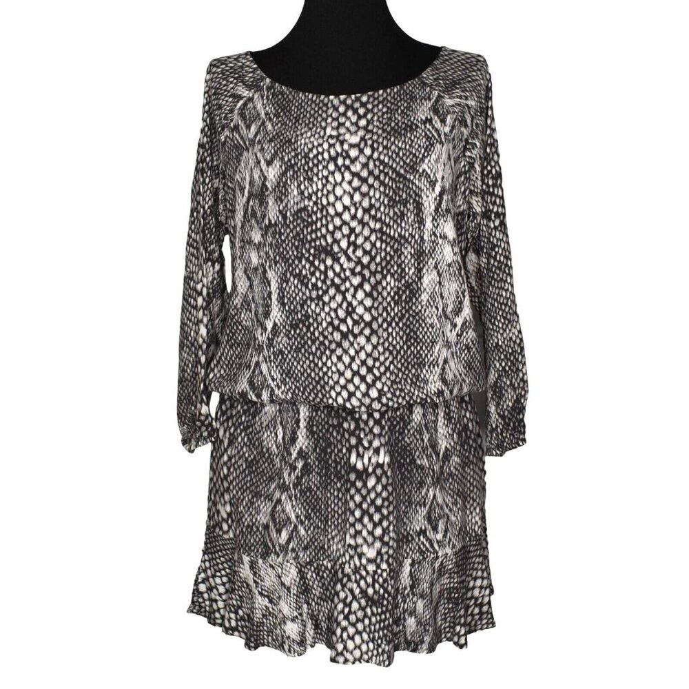 Soft Joie Arryn B Mini Dress XS Gray Snake Print Blouson 3/4 Sleeve Cocktail
